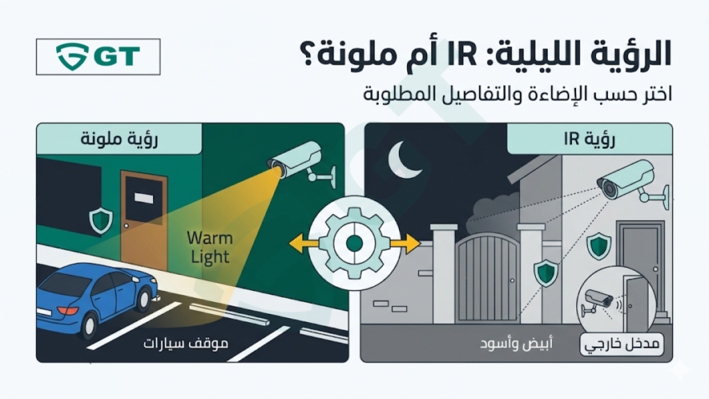 مقارنة بين الرؤية الليلية IR والرؤية الليلية الملونة في كاميرات المراقبة