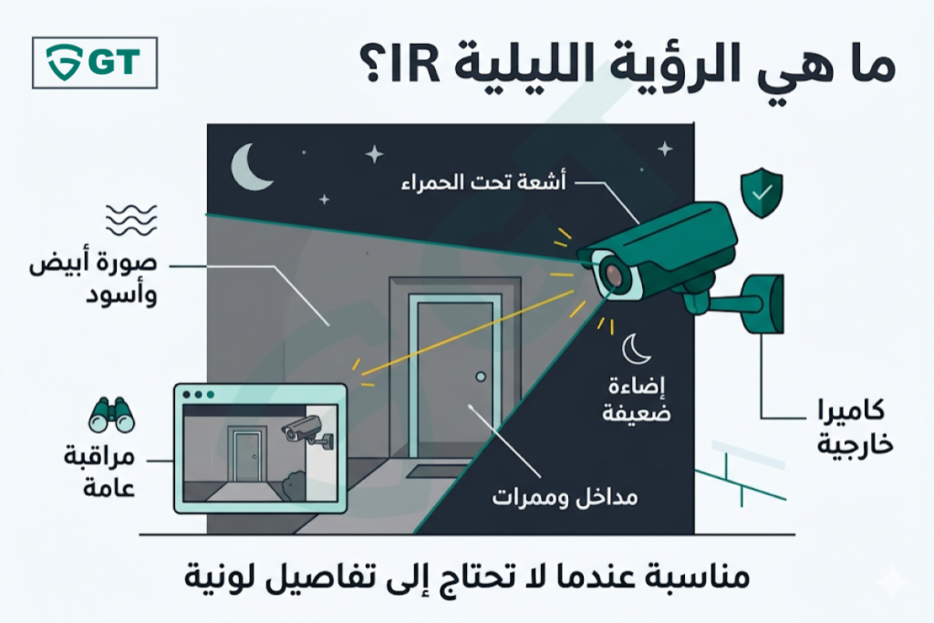 كاميرا مراقبة تعمل بالأشعة تحت الحمراء IR وتعطي صورة أبيض وأسود ليلاً