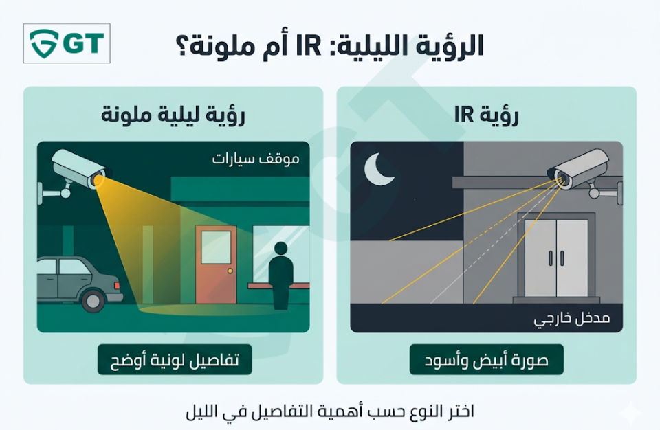 صورة توضيحية الرؤية الليلية لكاميرات الراقبة: الأشعة تحت الحمراء (IR) مقابل الرؤية الليلية الملونة Warmlights).