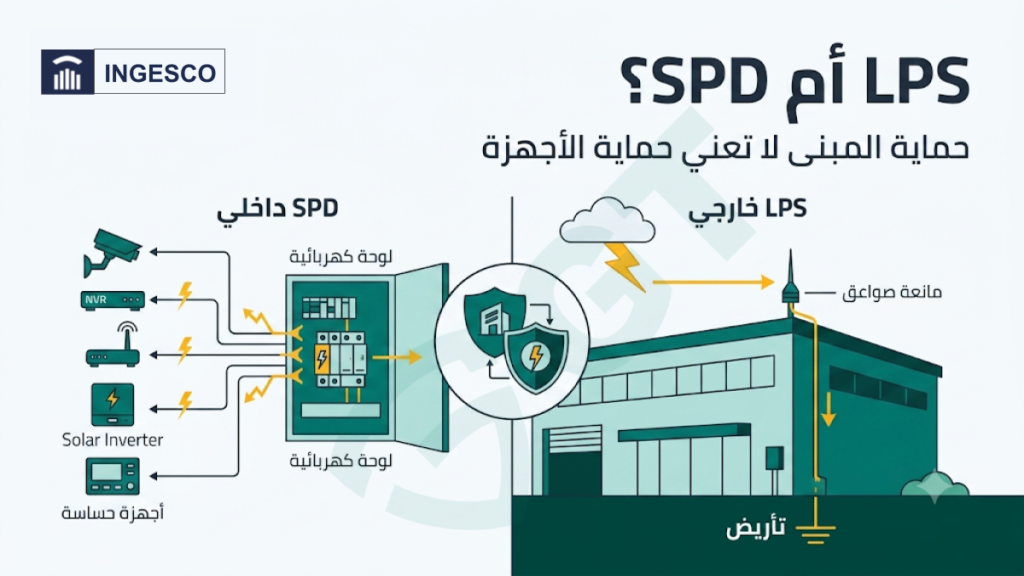 الفرق بين نظام الحماية من الصواعق LPS ومانع زيادة الجهد SPD لحماية المبنى والأجهزة