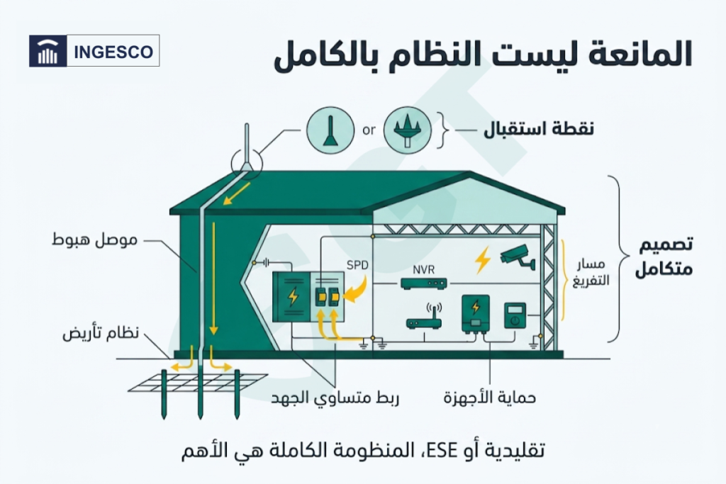 مانعة صواعق ESE وموصل هبوط ونظام تأريض ضمن منظومة حماية خارجية