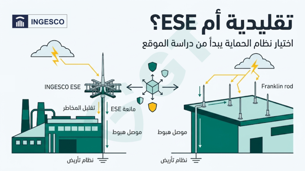 مقارنة بين مانعة صواعق تقليدية Franklin rod ومانعة صواعق ESE من INGESCO