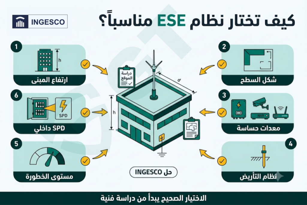 دراسة مبنى لاختيار نظام حماية من الصواعق حسب الارتفاع والتأريض ومستوى الخطورة