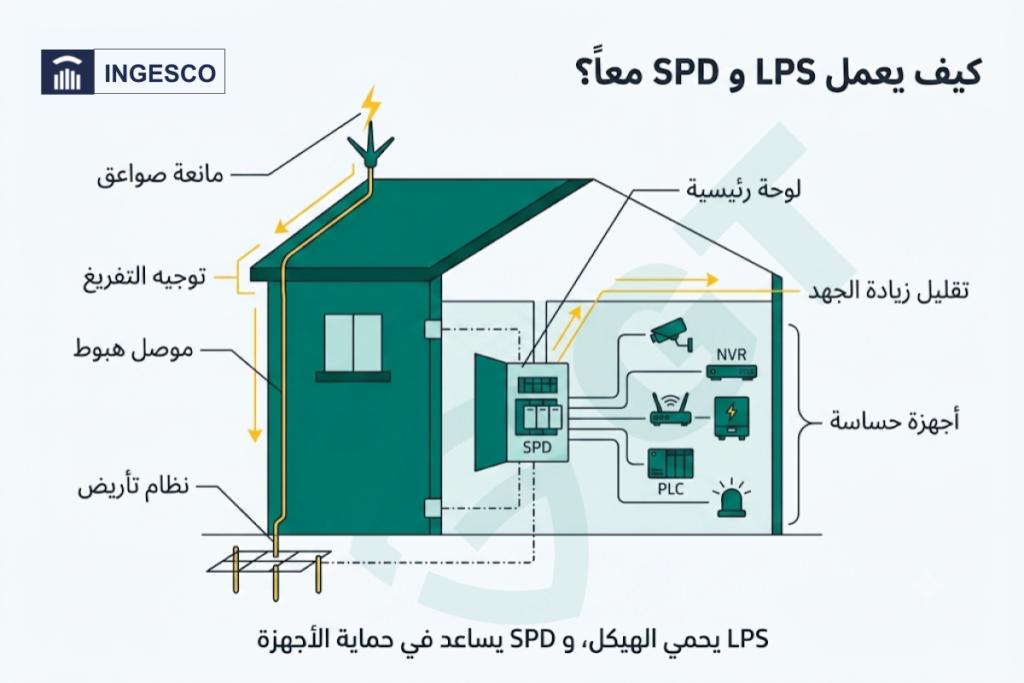 مخطط يوضح الحماية الخارجية LPS من مانعة الصواعق إلى التأريض والحماية الداخلية SPD للأجهزة