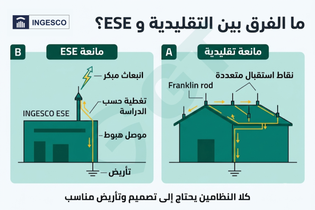 الفرق بين نظام الحماية التقليدي ونظام ESE في استقبال التفريغ وتوجيهه إلى الأرض