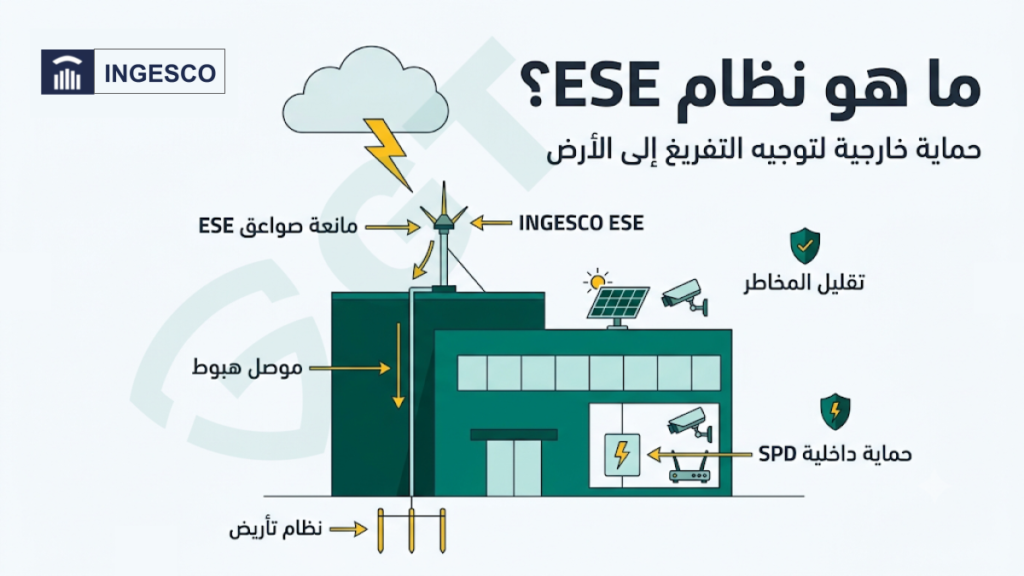 نظام الحماية من الصواعق ESE يوجه التفريغ عبر مانعة الصواعق وموصلات الهبوط إلى التأريض