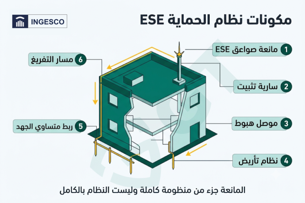 مكونات نظام الحماية من الصواعق ESE مانعة صواعق وموصل هبوط وتأريض