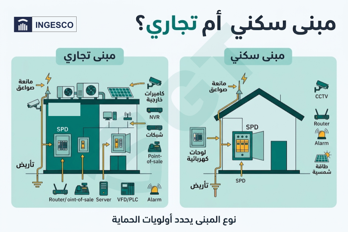 مبنى سكني وتجاري يوضح نقاط الحماية الخارجية من الصواعق والحماية الداخلية للأجهزة
