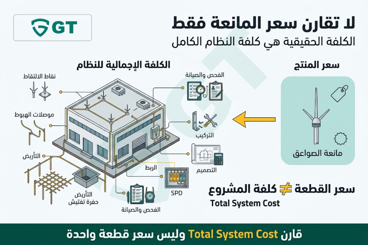 أفضل الشركات في أنظمة الحماية من الصواعق لعام 2026 الفرق بين سعر مانعة الصواعق والكلفة الإجمالية لنظام الحماية من الصواعق