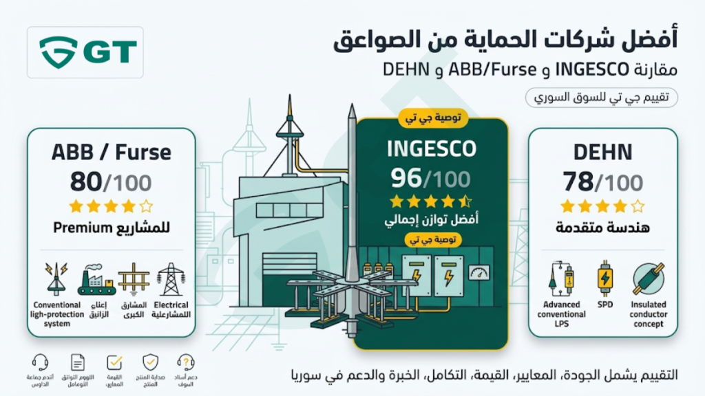 أفضل الشركات في أنظمة الحماية من الصواعق لعام 2026 مقارنة GT بين INGESCO وABB Furse وDEHN لأنظمة الحماية من الصواعق في السوق السوري